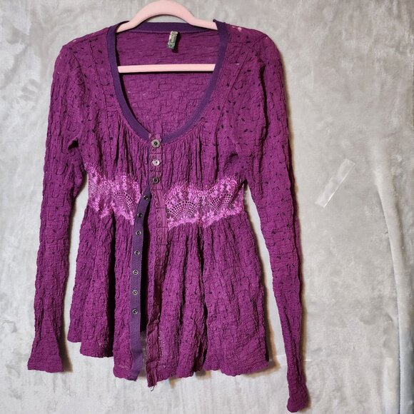 Free People Cottage Core Boho Long Sleeve Purple Lace‎ Snap-Up Cardigan Size XS - Picture 2 of 7